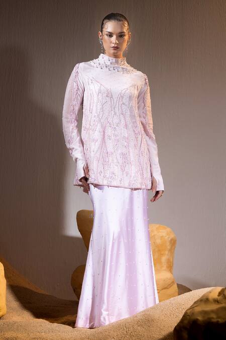 Buy Tyohar Pink Crepe Embroidery Sequin High Neck Sabah Pearl Meadow Tunic With Skirt Online at Aza Fashions Buy_Tyohar_Pink Crepe Embroidery Sequin High Neck Sabah Pearl Meadow Tunic With Skirt_Online_at_Aza_Fashions