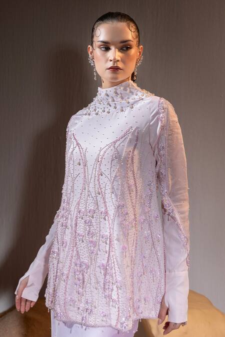 Shop Tyohar Pink Crepe Embroidery Sequin High Neck Sabah Pearl Meadow Tunic With Skirt Online at Aza Fashions Shop_Tyohar_Pink Crepe Embroidery Sequin High Neck Sabah Pearl Meadow Tunic With Skirt_Online_at_Aza_Fashions