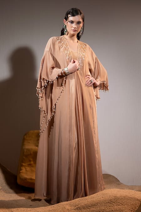 TYOHAR Brown Crepe Embroidery Sequin V Neck Zeina Pearl Kaftan With Bustier 