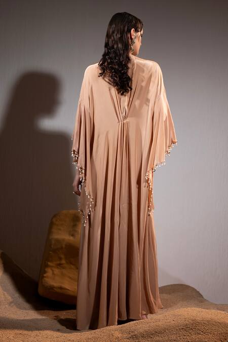 Shop_Tyohar_Brown Crepe Embroidery Sequin V Neck Zeina Pearl Kaftan With Bustier_at_Aza_Fashions
