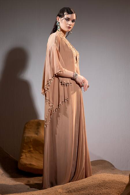 Tyohar_Brown Crepe Embroidery Sequin V Neck Zeina Pearl Kaftan With Bustier_Online_at_Aza_Fashions