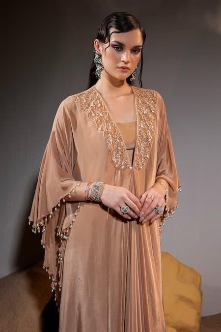 Buy_Tyohar_Brown Crepe Embroidery Sequin V Neck Zeina Pearl Kaftan With Bustier_Online_at_Aza_Fashions