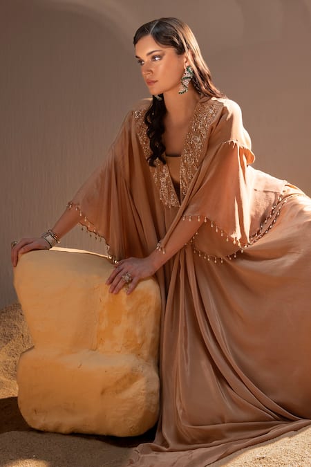 Shop_Tyohar_Brown Crepe Embroidery Sequin V Neck Zeina Pearl Kaftan With Bustier_Online_at_Aza_Fashions