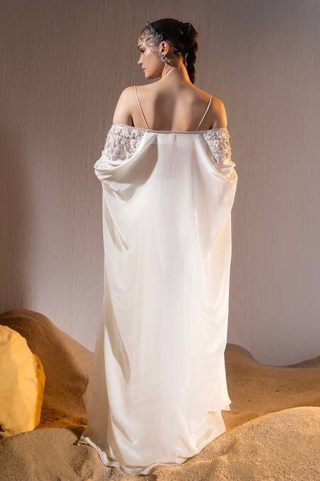 Shop Tyohar Ivory Crepe Embroidery Sequin V Neck Naima Pearl Glory Kaftan Pleated Pant Set at Aza Fashions Shop_Tyohar_Ivory Crepe Embroidery Sequin V Neck Naima Pearl Glory Kaftan Pleated Pant Set_at_Aza_Fashions