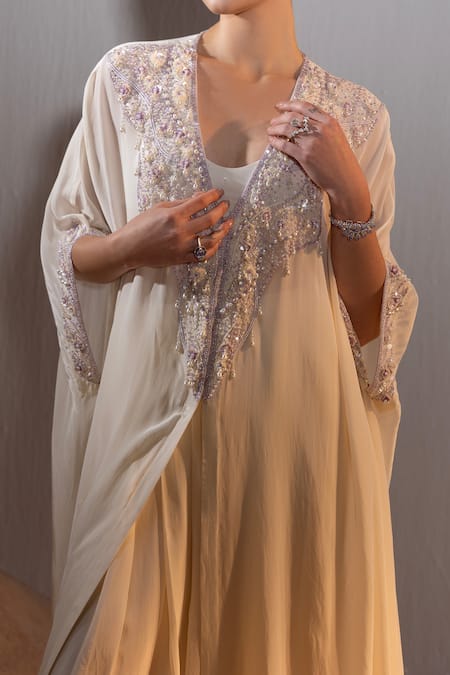 Tyohar Ivory Crepe Embroidery Sequin V Neck Naima Pearl Glory Kaftan Pleated Pant Set Online at Aza Fashions Tyohar_Ivory Crepe Embroidery Sequin V Neck Naima Pearl Glory Kaftan Pleated Pant Set_Online_at_Aza_Fashions