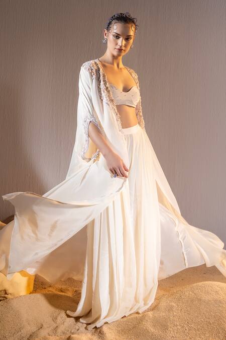 Tyohar Ivory Crepe Embroidery Sequin V Neck Naima Pearl Glory Kaftan Pleated Pant Set at Aza Fashions Tyohar_Ivory Crepe Embroidery Sequin V Neck Naima Pearl Glory Kaftan Pleated Pant Set_at_Aza_Fashions