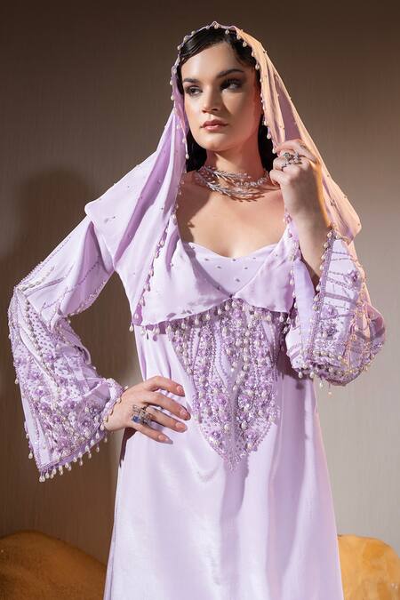 Tyohar_Purple Crepe Embroidery, Mishfah Bloom Embellished Hooded Kurta With Bustier_Online_at_Aza_Fashions