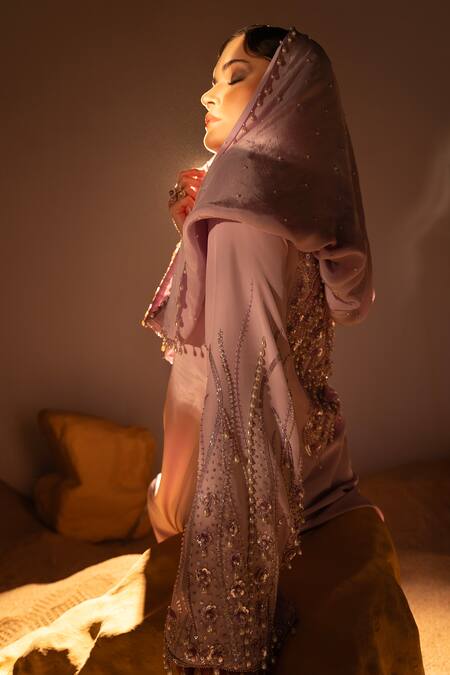 Buy_Tyohar_Purple Crepe Embroidery, Mishfah Bloom Embellished Hooded Kurta With Bustier_Online_at_Aza_Fashions