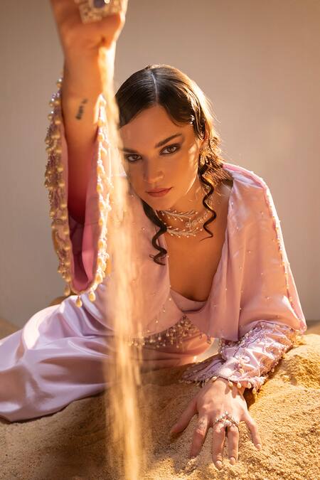 Shop_Tyohar_Purple Crepe Embroidery, Mishfah Bloom Embellished Hooded Kurta With Bustier_Online_at_Aza_Fashions