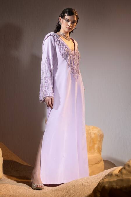 Tyohar_Purple Crepe Embroidery, Mishfah Bloom Embellished Hooded Kurta With Bustier_at_Aza_Fashions