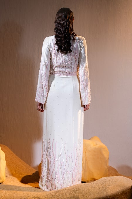 Shop Tyohar Ivory Crepe Embroidery Pariza Coral Bloom Embellished Robe Dress With Bustier at Aza Fashions Shop_Tyohar_Ivory Crepe Embroidery Pariza Coral Bloom Embellished Robe Dress With Bustier_at_Aza_Fashions