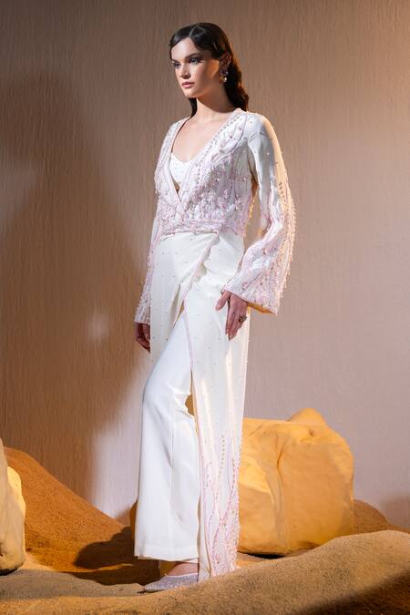 Tyohar Ivory Crepe Embroidery Pariza Coral Bloom Embellished Robe Dress With Bustier Online at Aza Fashions Tyohar_Ivory Crepe Embroidery Pariza Coral Bloom Embellished Robe Dress With Bustier_Online_at_Aza_Fashions