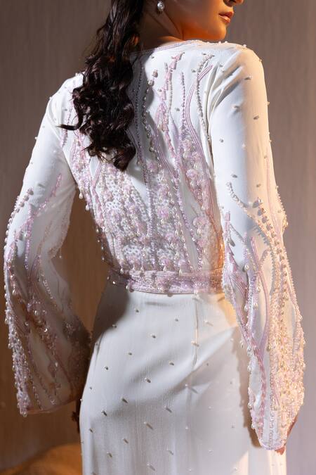 Buy Tyohar Ivory Crepe Embroidery Pariza Coral Bloom Embellished Robe Dress With Bustier Online at Aza Fashions Buy_Tyohar_Ivory Crepe Embroidery Pariza Coral Bloom Embellished Robe Dress With Bustier_Online_at_Aza_Fashions