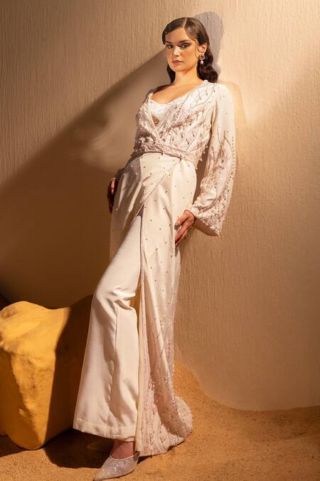 Shop Tyohar Ivory Crepe Embroidery Pariza Coral Bloom Embellished Robe Dress With Bustier Online at Aza Fashions Shop_Tyohar_Ivory Crepe Embroidery Pariza Coral Bloom Embellished Robe Dress With Bustier_Online_at_Aza_Fashions