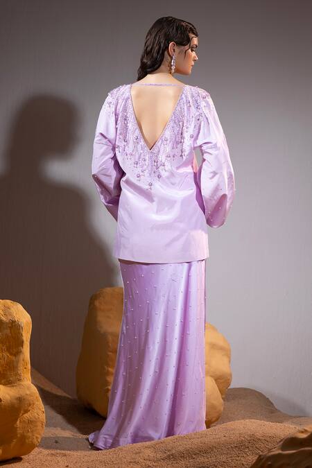 Shop Tyohar Purple Crepe Embroidery Sequin V Neck Yusra Gardenia Top With Skirt at Aza Fashions Shop_Tyohar_Purple Crepe Embroidery Sequin V Neck Yusra Gardenia Top With Skirt_at_Aza_Fashions