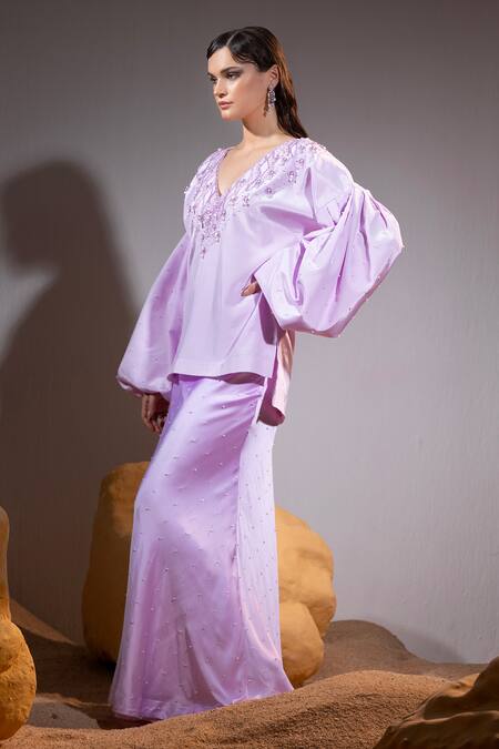 Tyohar Purple Crepe Embroidery Sequin V Neck Yusra Gardenia Top With Skirt Online at Aza Fashions Tyohar_Purple Crepe Embroidery Sequin V Neck Yusra Gardenia Top With Skirt_Online_at_Aza_Fashions