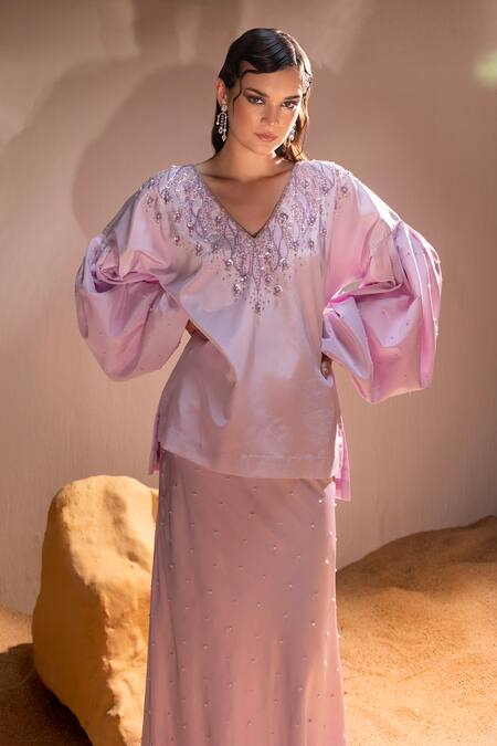 Buy Tyohar Purple Crepe Embroidery Sequin V Neck Yusra Gardenia Top With Skirt Online at Aza Fashions Buy_Tyohar_Purple Crepe Embroidery Sequin V Neck Yusra Gardenia Top With Skirt_Online_at_Aza_Fashions