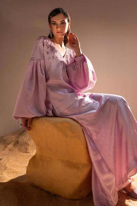 Shop Tyohar Purple Crepe Embroidery Sequin V Neck Yusra Gardenia Top With Skirt Online at Aza Fashions Shop_Tyohar_Purple Crepe Embroidery Sequin V Neck Yusra Gardenia Top With Skirt_Online_at_Aza_Fashions