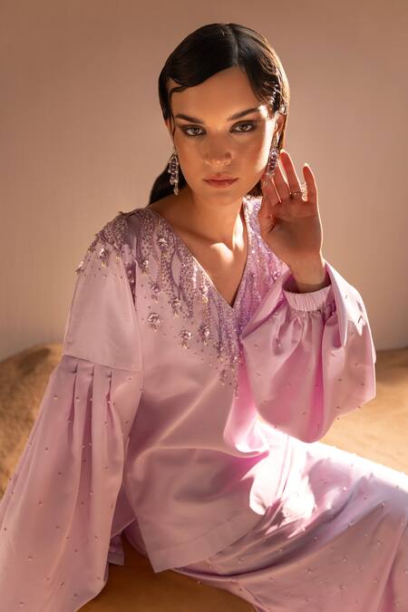 Tyohar Purple Crepe Embroidery Sequin V Neck Yusra Gardenia Top With Skirt at Aza Fashions Tyohar_Purple Crepe Embroidery Sequin V Neck Yusra Gardenia Top With Skirt_at_Aza_Fashions