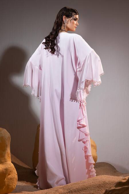 Shop Tyohar Pink Crepe Pearls, Sequins, Saida Ditsy Bloom Embroidered Kaftan With Bustier at Aza Fashions Shop_Tyohar_Pink Crepe Pearls, Sequins, Saida Ditsy Bloom Embroidered Kaftan With Bustier_at_Aza_Fashions