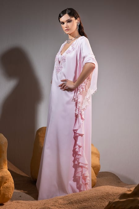 Tyohar Pink Crepe Pearls, Sequins, Saida Ditsy Bloom Embroidered Kaftan With Bustier Online at Aza Fashions Tyohar_Pink Crepe Pearls, Sequins, Saida Ditsy Bloom Embroidered Kaftan With Bustier_Online_at_Aza_Fashions