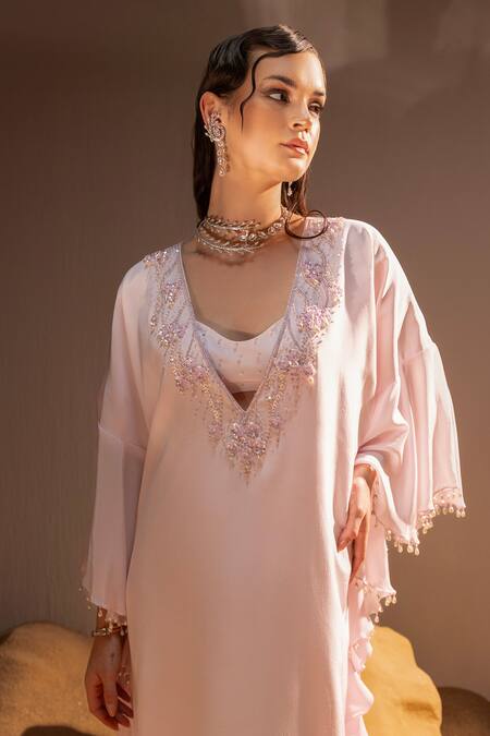 Buy Tyohar Pink Crepe Pearls, Sequins, Saida Ditsy Bloom Embroidered Kaftan With Bustier Online at Aza Fashions Buy_Tyohar_Pink Crepe Pearls, Sequins, Saida Ditsy Bloom Embroidered Kaftan With Bustier_Online_at_Aza_Fashions
