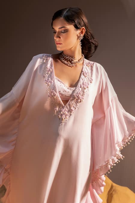 Shop Tyohar Pink Crepe Pearls, Sequins, Saida Ditsy Bloom Embroidered Kaftan With Bustier Online at Aza Fashions Shop_Tyohar_Pink Crepe Pearls, Sequins, Saida Ditsy Bloom Embroidered Kaftan With Bustier_Online_at_Aza_Fashions