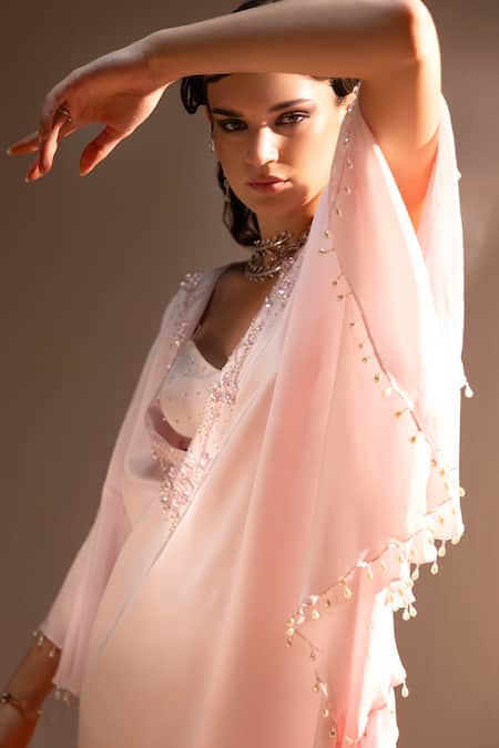 Tyohar Pink Crepe Pearls, Sequins, Saida Ditsy Bloom Embroidered Kaftan With Bustier at Aza Fashions Tyohar_Pink Crepe Pearls, Sequins, Saida Ditsy Bloom Embroidered Kaftan With Bustier_at_Aza_Fashions