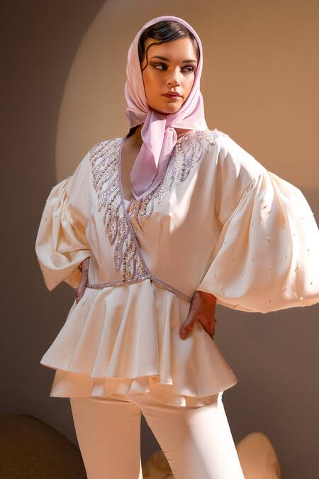 Buy Tyohar Ivory Crepe Embroidery Sequin V Neck Mahra Pearl Peplum Top With Bootcut Pant Online at Aza Fashions Buy_Tyohar_Ivory Crepe Embroidery Sequin V Neck Mahra Pearl Peplum Top With Bootcut Pant_Online_at_Aza_Fashions