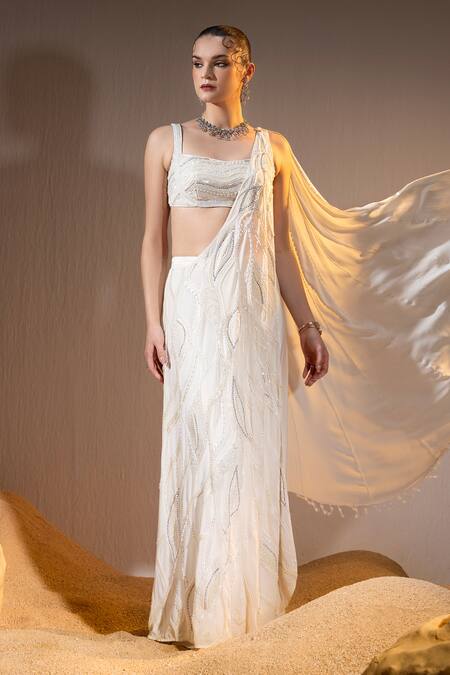 Tyohar Ivory Crepe Sequins, Pearls, Cut Nour Phoenix Embroidered Pre-draped Saree Set Online at Aza Fashions Tyohar_Ivory Crepe Sequins, Pearls, Cut Nour Phoenix Embroidered Pre-draped Saree Set_Online_at_Aza_Fashions