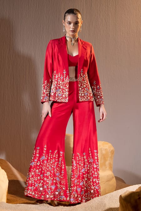 TYOHAR Red Dupion Embroidery Raflesia Garden Lapel Adara Blazer Flared Pant Set 