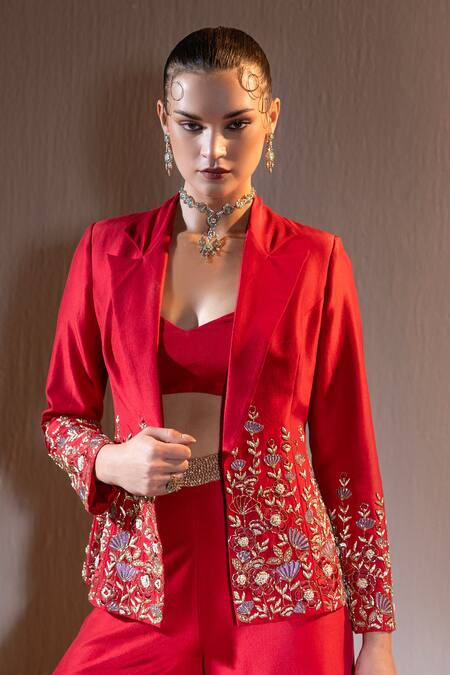 Tyohar_Red Dupion Embroidery Raflesia Garden Lapel Adara Blazer Flared Pant Set_Online_at_Aza_Fashions