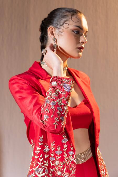 Buy_Tyohar_Red Dupion Embroidery Raflesia Garden Lapel Adara Blazer Flared Pant Set_Online_at_Aza_Fashions
