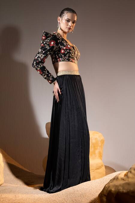 Buy_Tyohar_Black Chiffon, Silk Embroidery One Bloom Paradise Blouse With Pleated Lehenga_Online_at_Aza_Fashions