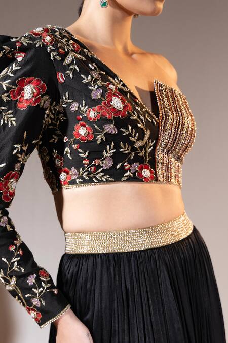 Shop_Tyohar_Black Chiffon, Silk Embroidery One Bloom Paradise Blouse With Pleated Lehenga_Online_at_Aza_Fashions