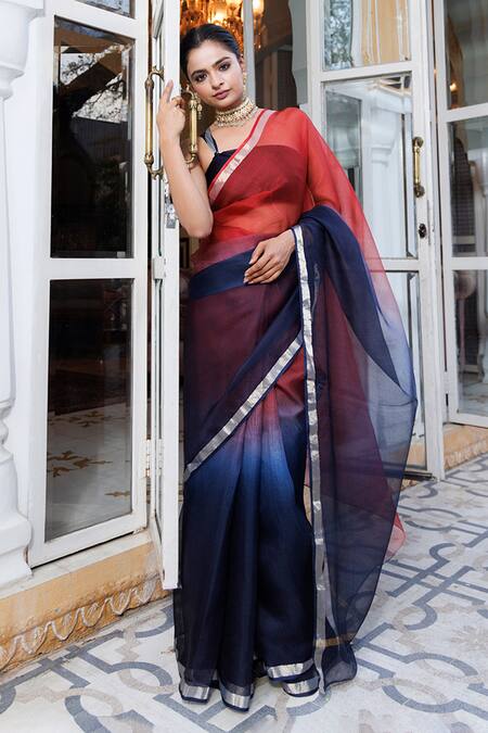 Geroo Jaipur Maroon Kota Doria Pure Silk Saree With Unstitched Blouse Piece Online at Aza Fashions Geroo Jaipur_Maroon Kota Doria Pure Silk Saree With Unstitched Blouse Piece _Online_at_Aza_Fashions