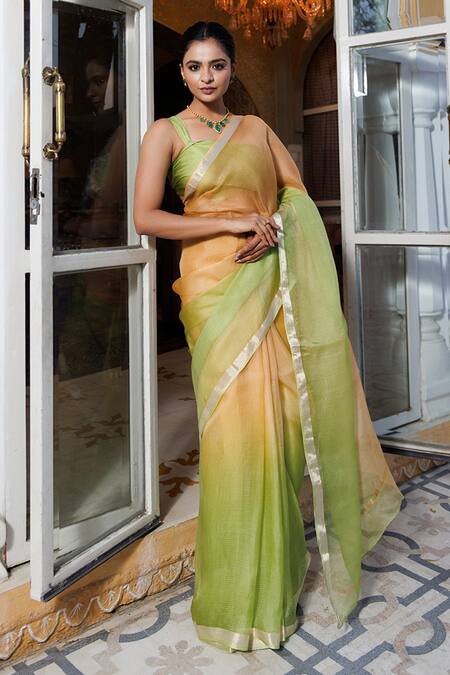 Geroo Jaipur Green Kota Doria Silk Saree With Unstitched Blouse Piece Online at Aza Fashions Geroo Jaipur_Green Kota Doria Silk Saree With Unstitched Blouse Piece _Online_at_Aza_Fashions