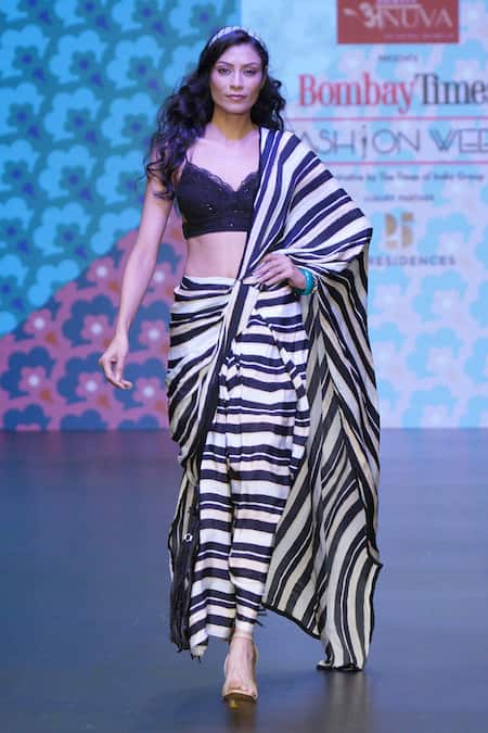Sandhya Shah_Black Crepe, Linen Sequins, Alexa Striped Print Pre-draped Saree With Blouse _Online_at_Aza_Fashions