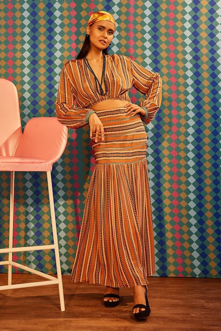 Sandhya Shah Multi Color Crepe, Linen Lace, Embroidery Fishtail Dress Online at Aza Fashions Sandhya Shah_Multi Color Crepe, Linen Lace, Embroidery Fishtail Dress_Online_at_Aza_Fashions