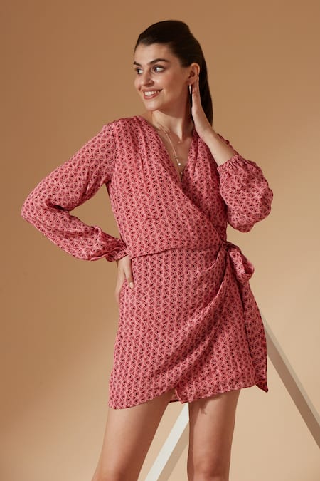 Buy_Sandhya Shah_Pink Crepe, Linen Wave Print Wrap Dress_Online_at_Aza_Fashions
