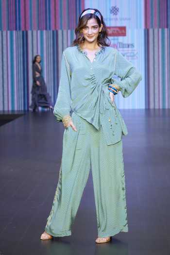 Buy_Sandhya Shah_Green Crepe, Linen Embroidery, Lace Bandeau Basil Floral Print Top And Pant Set_Online_at_Aza_Fashions