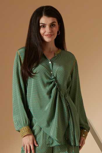 Shop_Sandhya Shah_Green Crepe, Linen Embroidery, Lace Bandeau Basil Floral Print Top And Pant Set_Online_at_Aza_Fashions