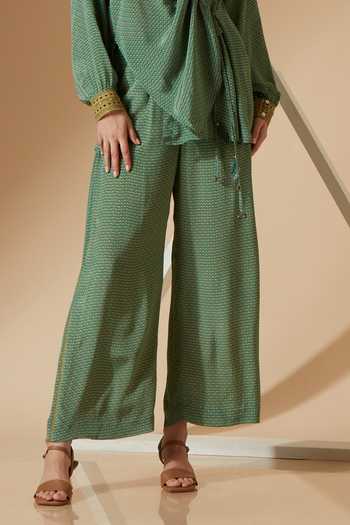 Sandhya Shah_Green Crepe, Linen Embroidery, Lace Bandeau Basil Floral Print Top And Pant Set_at_Aza_Fashions