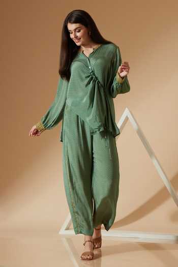 Shop_Sandhya Shah_Green Crepe, Linen Embroidery, Lace Bandeau Basil Floral Print Top And Pant Set
