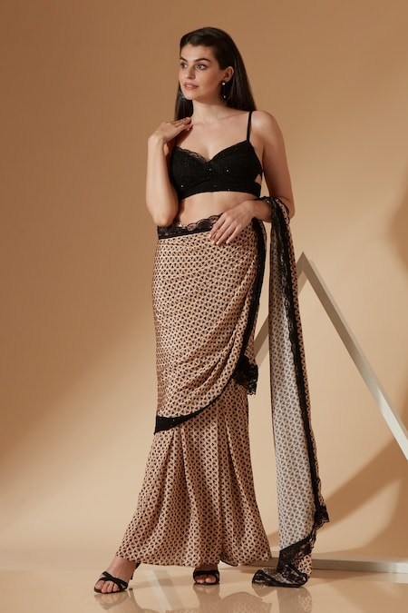 Sandhya Shah Beige Crepe Digital Printed Wave Sweetheart Belle Pre-draped Saree With Blouse