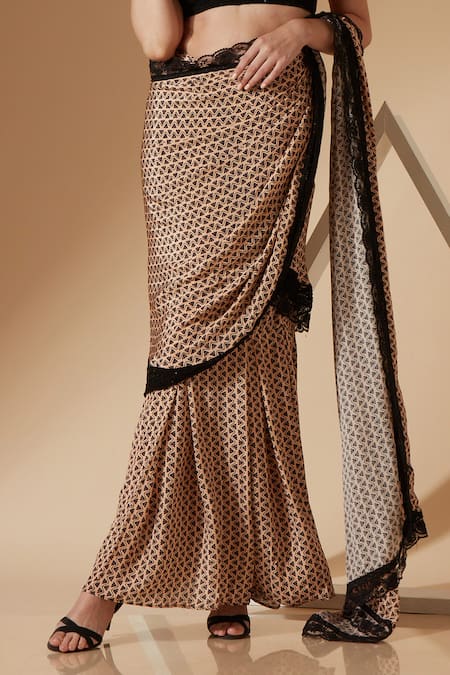 Shop Sandhya Shah Beige Crepe Beads Sweetheart Neck Belle Wave Print Pre-draped Saree With Blouse Online at Aza Fashions Shop_Sandhya Shah_Beige Crepe Beads Sweetheart Neck Belle Wave Print Pre-draped Saree With Blouse _Online_at_Aza_Fashions