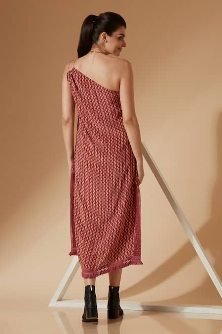 Sandhya Shah Maroon One-Shoulder Lace Dress For Kids