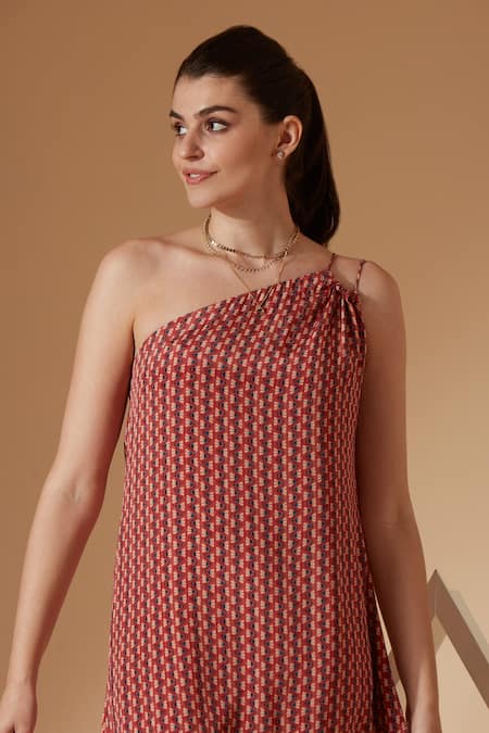 Sandhya Shah_Maroon Crepe, Linen Lace, Embroidery One-shoulder Dress For Kids_Online_at_Aza_Fashions