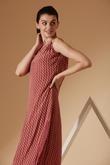 Buy_Sandhya Shah_Maroon Crepe, Linen Lace, Embroidery One-shoulder Dress For Kids_Online_at_Aza_Fashions