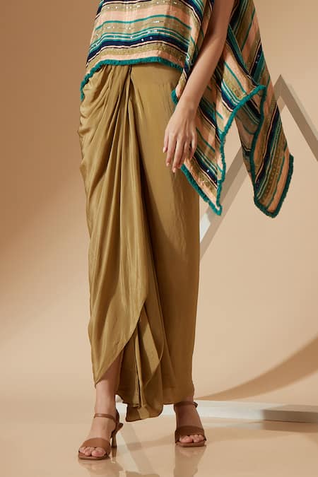 Sandhya Shah_Green Crepe, Linen Sequins Boat Neck Striped Print Kaftan Top And Skirt Set _Online_at_Aza_Fashions
